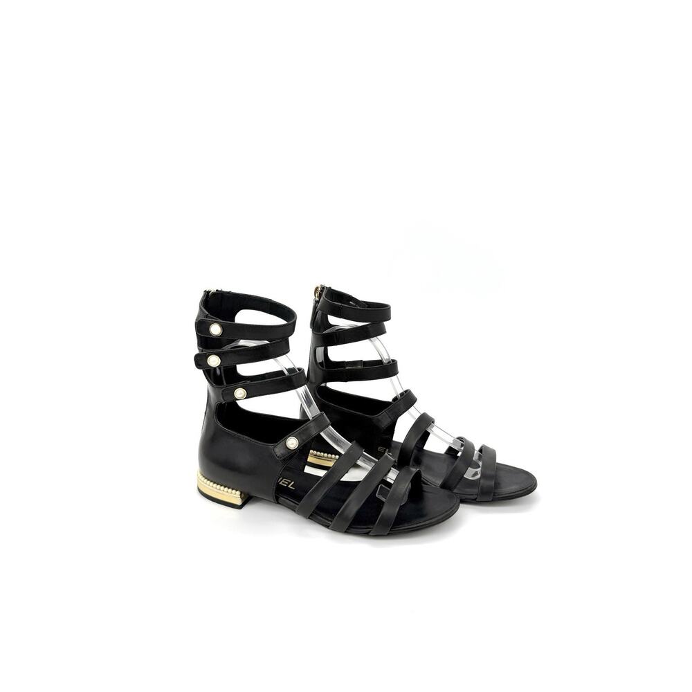 Chanel Strappy Pearl Gladiator Sandals 36.5 US 6.5 Black Leather Low Block Heel